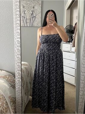 Shirred Smocked Navy Blue Floral Maxi Dress with Straps M Medium